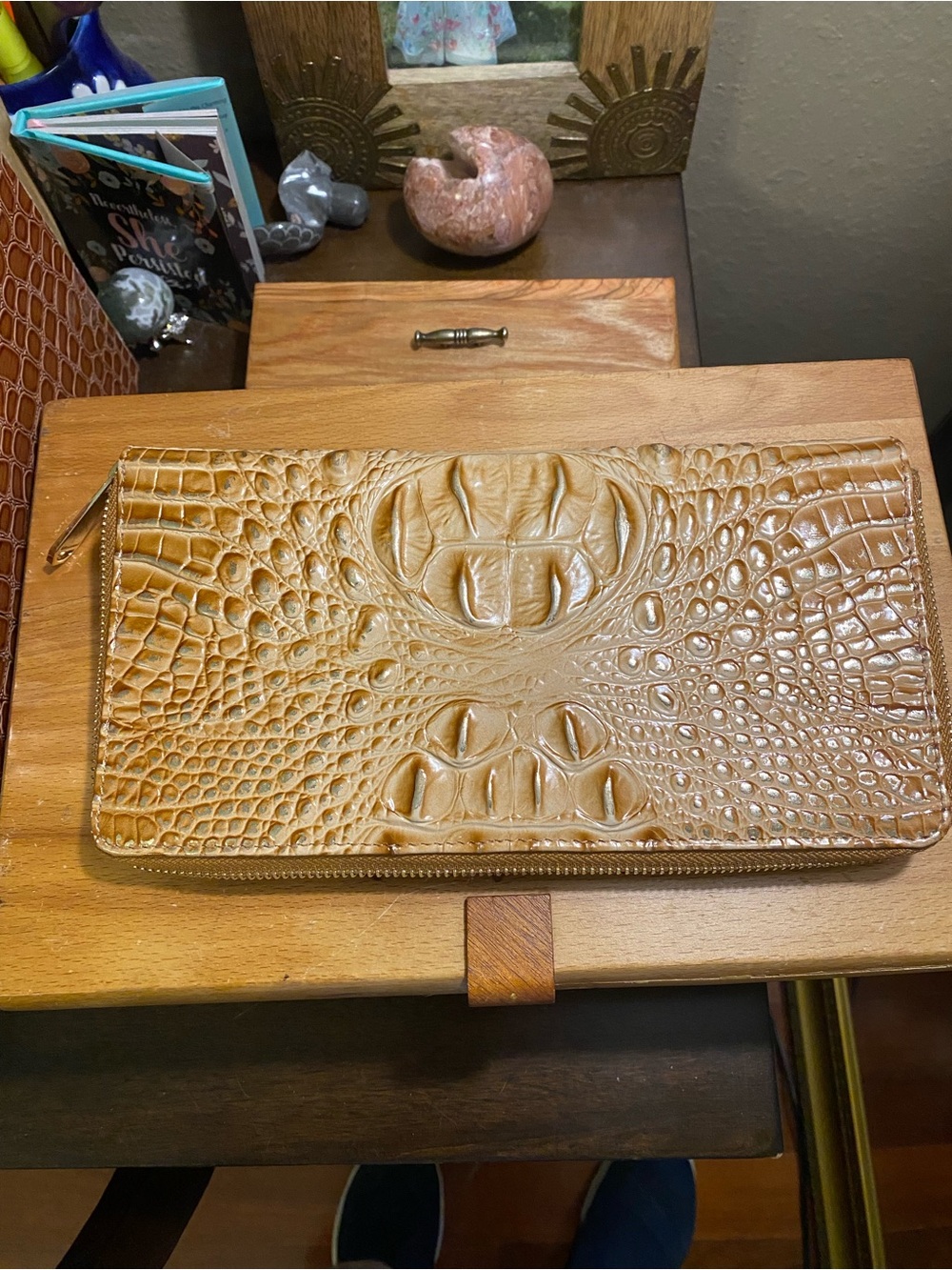 Brahmin Croc-Embossed Zip Clutch Wallet in Warm Honey Brown and Gold touches - Picture 4 of 6